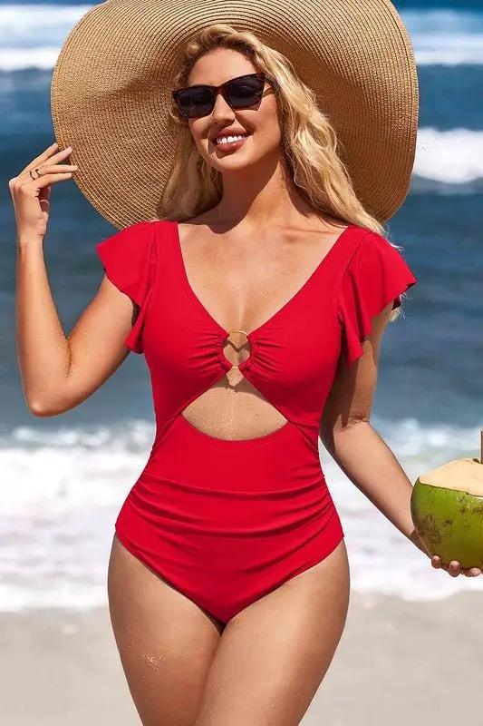 Ruffle O-Ring Cutout One Piece Bathing Suit for Women - Love Salve